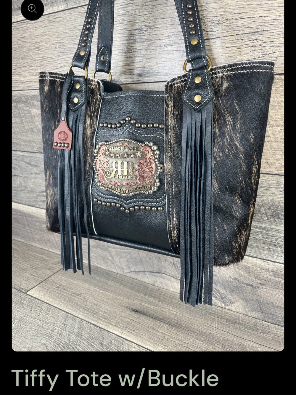 Trophy Belt Buckle Cowhide Hair On Purse — Black Brown Fringe Women’s Tote